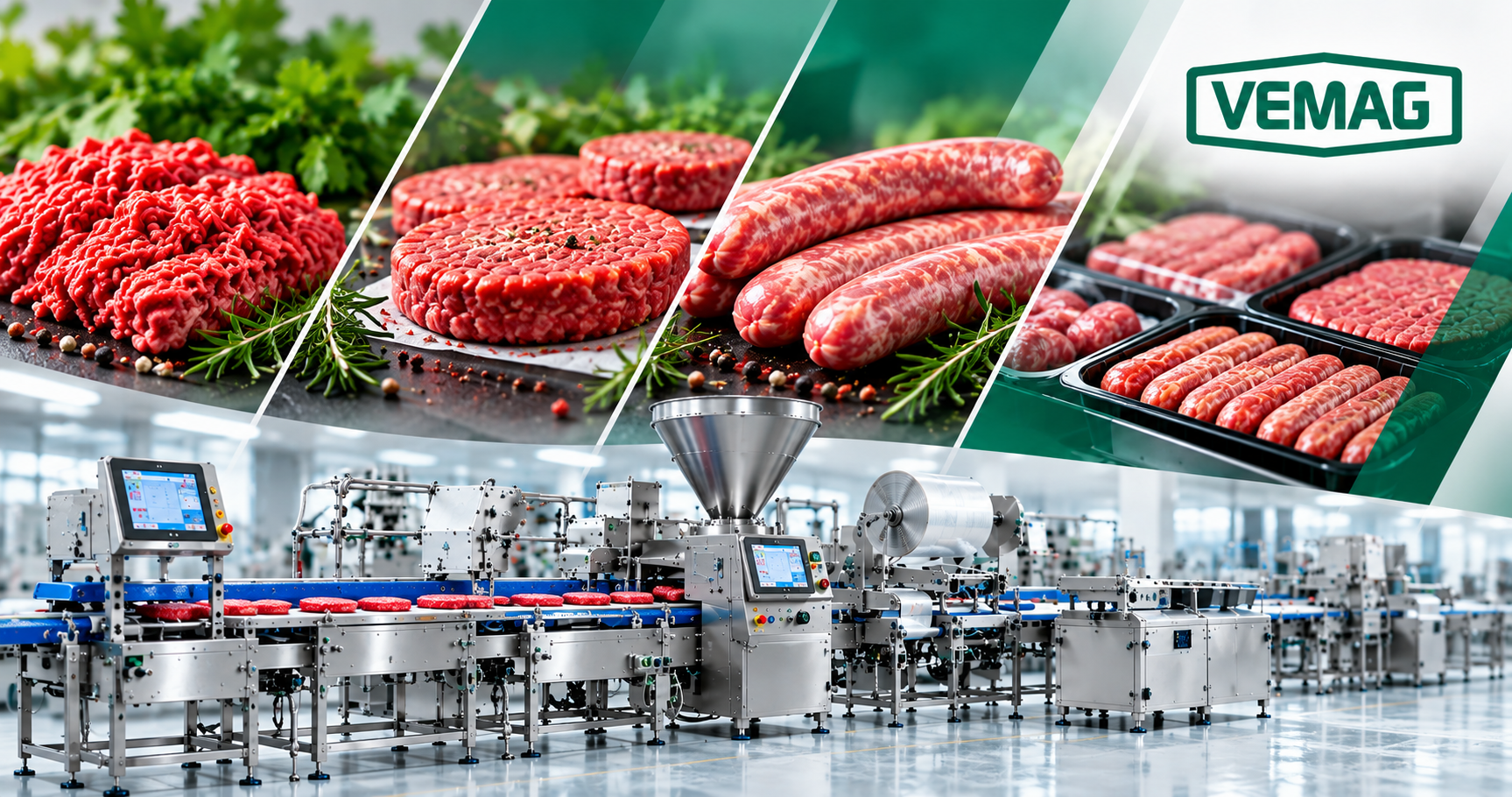 Linha industrial VEMAG para processamento de carne, com hambúrgueres e salsichas
