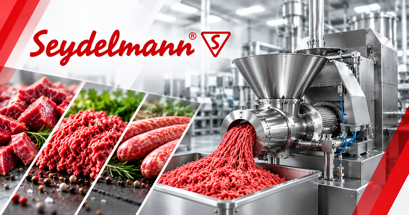 Picadora industrial Seydelmann com carne picada e diferentes cortes de carne