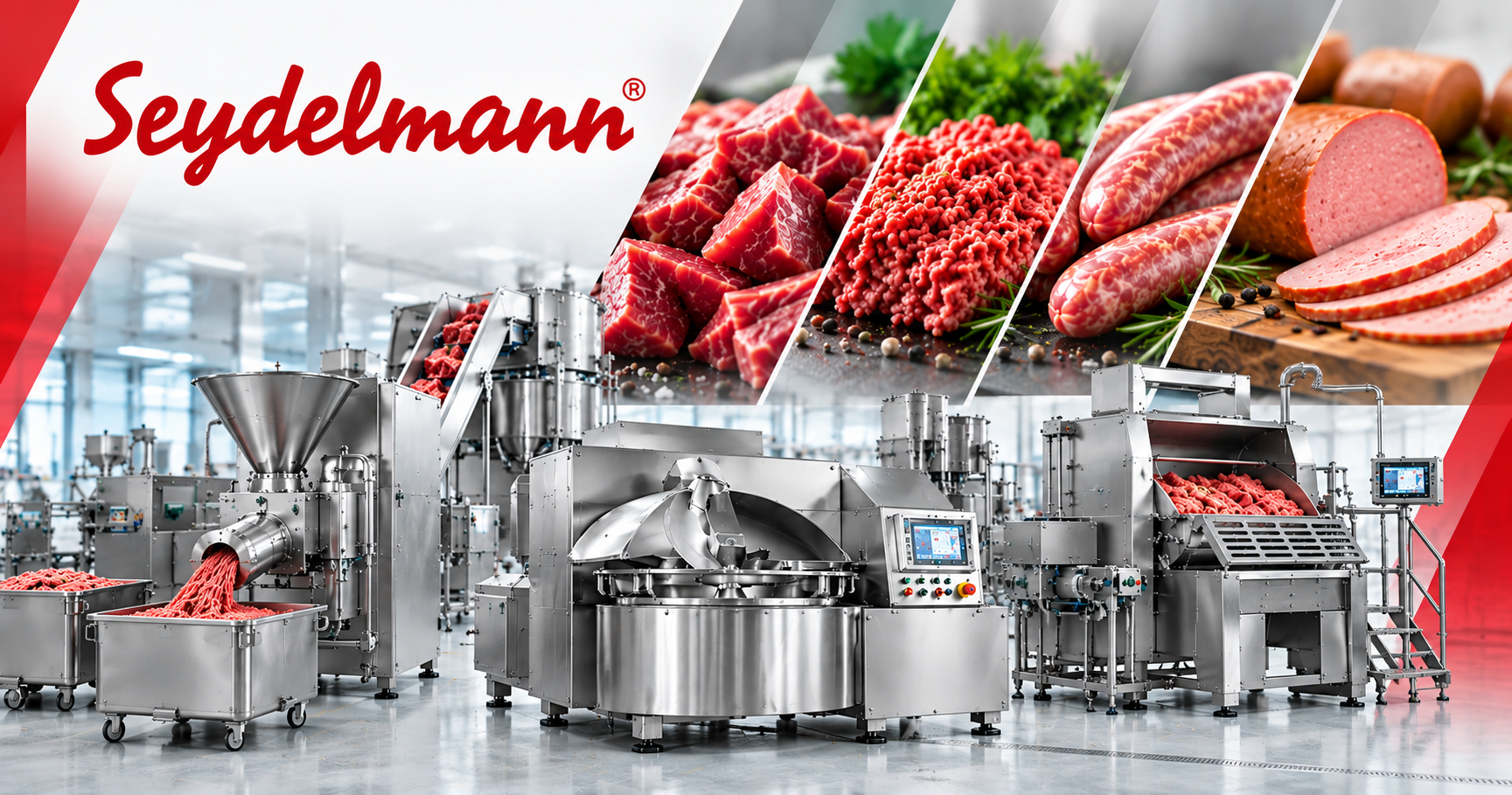 Equipamentos Seydelmann para processamento de carne, com picadoras, cutters e produtos cárneos